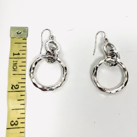 Silver Tone Hammered Dangle Hoop Earrings Pierced - Picture 3 of 4